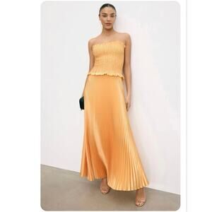 L'IDEE Orange Yellow Sunset Maya Style Pleated Strapless Pull On Gown sz 6